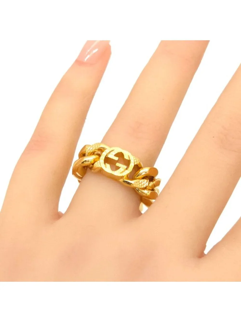 Gucci Interlocking G Golmet Chain Ring S No 12 Gold Finish Metal Box Bag